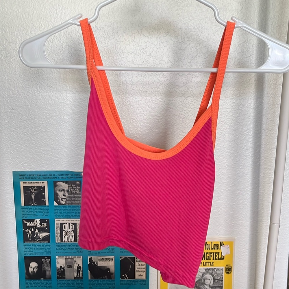 hot pink cropped tank top with orange trim + cross back